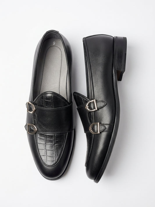 Handcrafted Black Leather Croc-Embossed Double Buckle Loafers