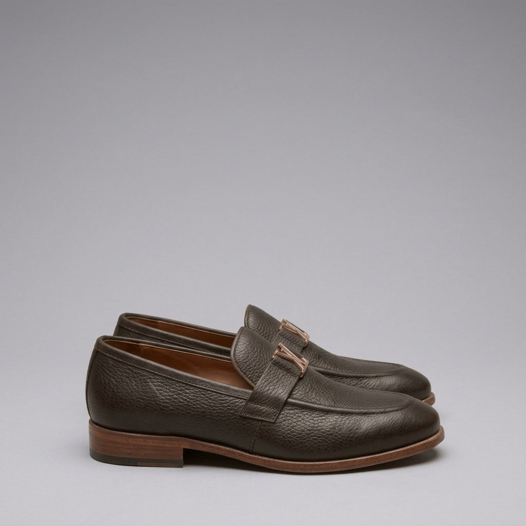 Handcrafted Dark Brown Pebble Grain Leather Buckle Loafers