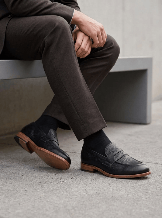 Handcrafted Black Pebble Grain Leather Penny Loafers with Natural Sole
