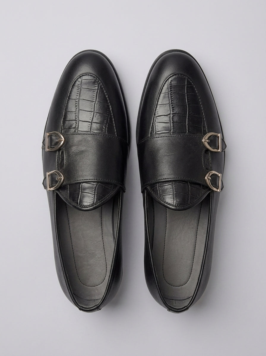 Handcrafted Black Leather Croc-Embossed Double Buckle Loafers