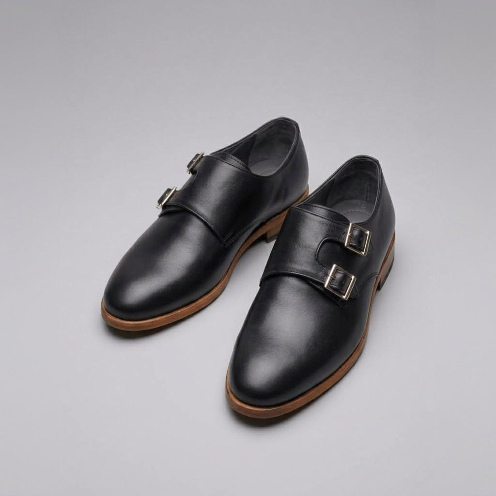 Handcrafted Black Leather Double Monk Strap Shoes with Natural Sole
