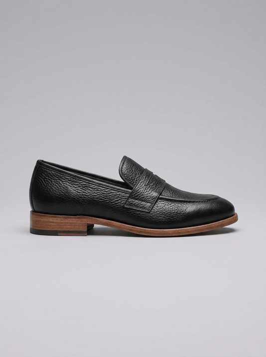 Handcrafted Black Pebble Grain Leather Penny Loafers with Natural Sole