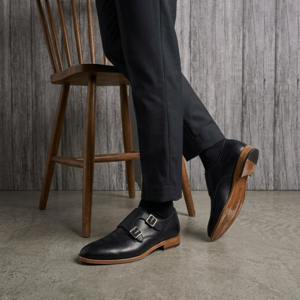 Handcrafted Black Leather Double Monk Strap Shoes with Natural Sole