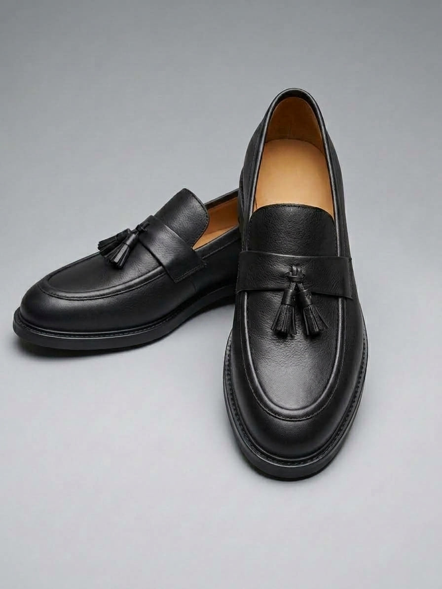 Men's Handmade Black Leather Tassel Loafers | Lug Sole Slip-On Dress Shoes