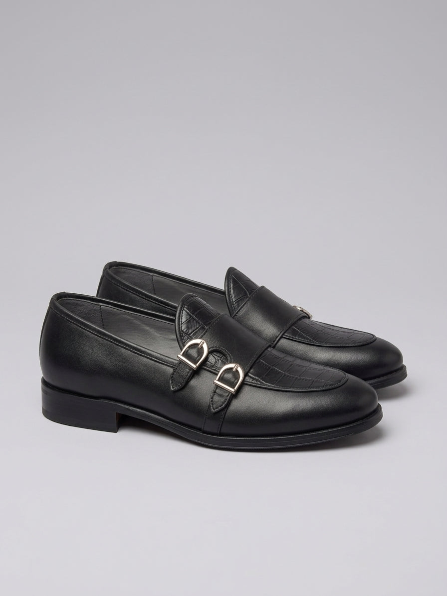 Handcrafted Black Leather Croc-Embossed Double Buckle Loafers