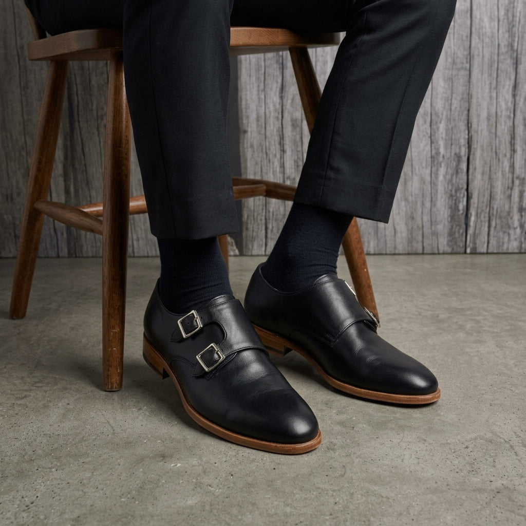 Handcrafted Black Leather Double Monk Strap Shoes with Natural Sole