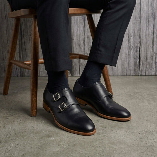 Handcrafted Black Leather Double Monk Strap Shoes with Natural Sole