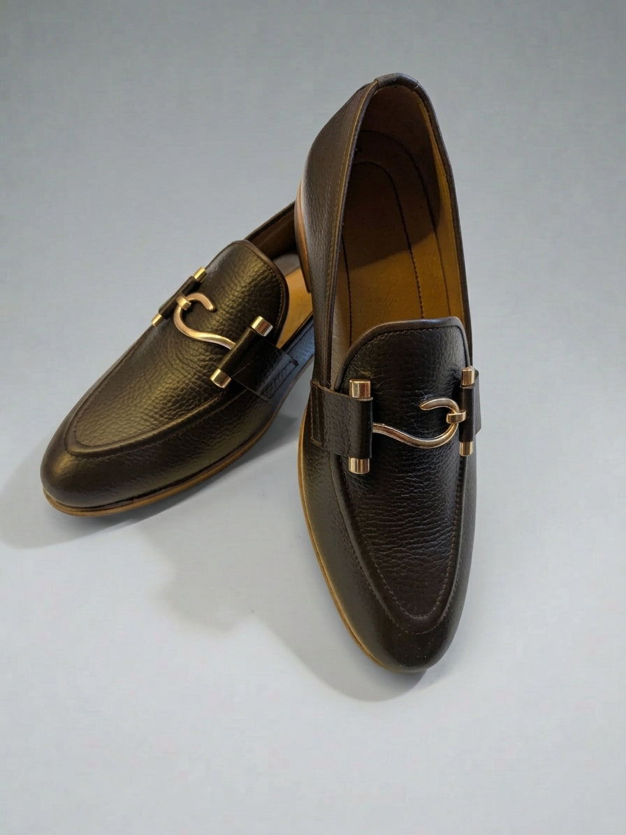 Men's Premium Black Pebble Grain Leather Bit Loafers | Horsebit Slip-On Dress Shoes