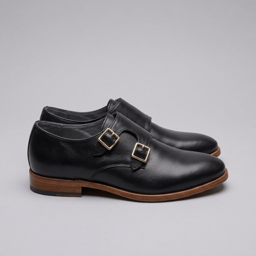 Handcrafted Black Leather Double Monk Strap Shoes with Natural Sole
