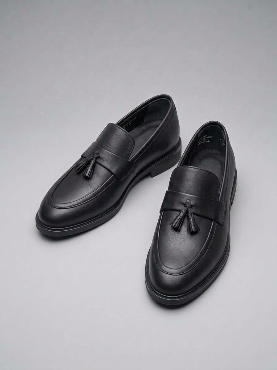 Men's Handmade Black Leather Tassel Loafers | Lug Sole Slip-On Dress Shoes