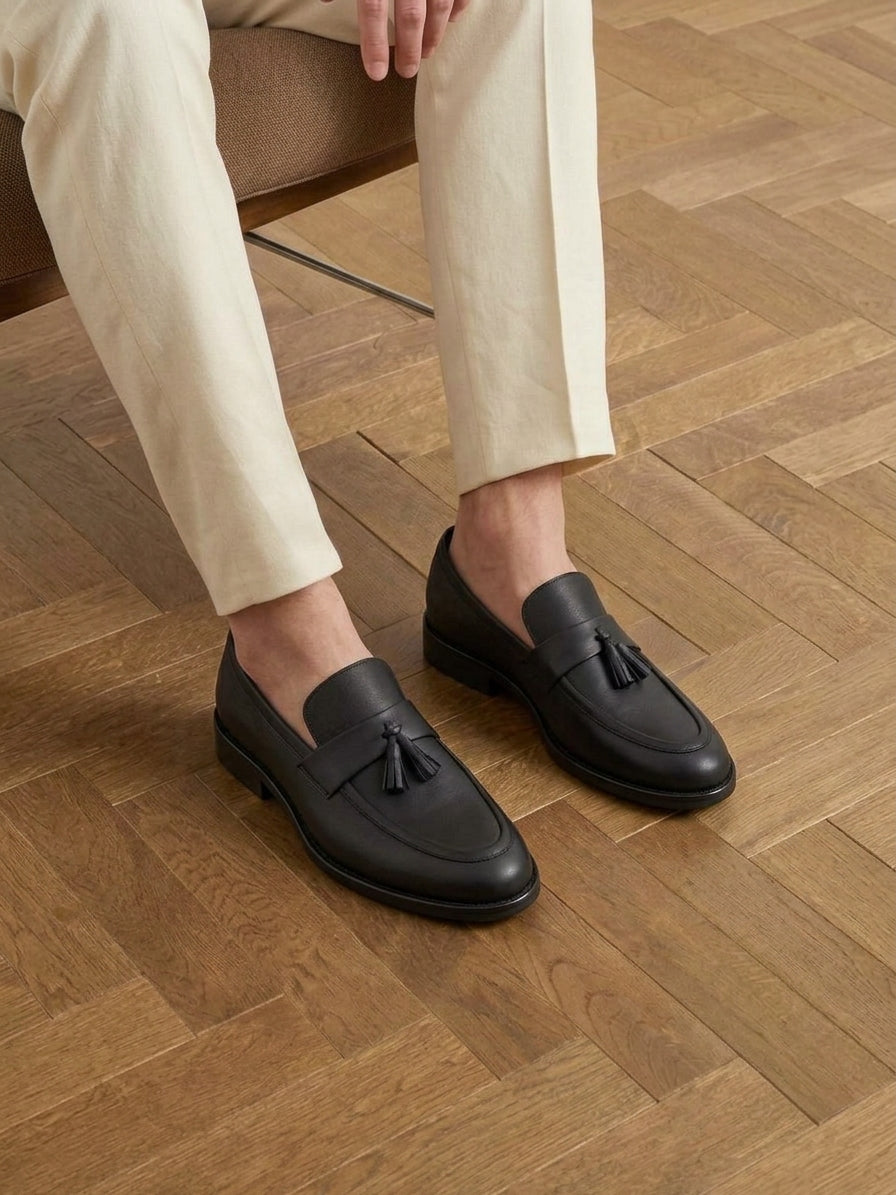 Men's Handmade Black Leather Tassel Loafers | Lug Sole Slip-On Dress Shoes