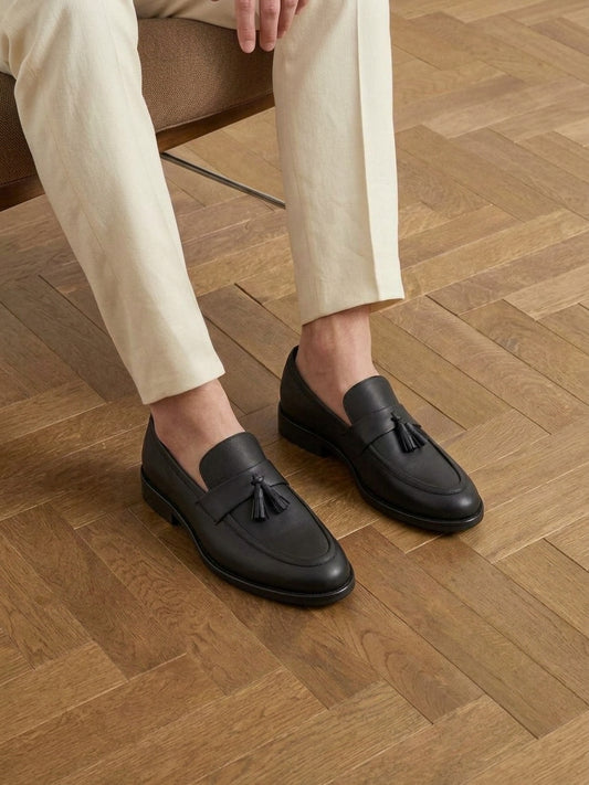 Men's Handmade Black Leather Tassel Loafers | Lug Sole Slip-On Dress Shoes