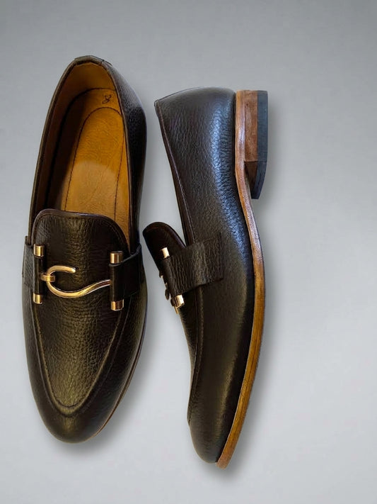 Men's Premium Black Pebble Grain Leather Bit Loafers | Horsebit Slip-On Dress Shoes
