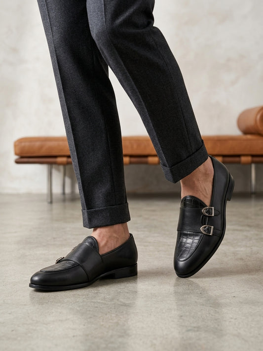 Handcrafted Black Leather Croc-Embossed Double Buckle Loafers