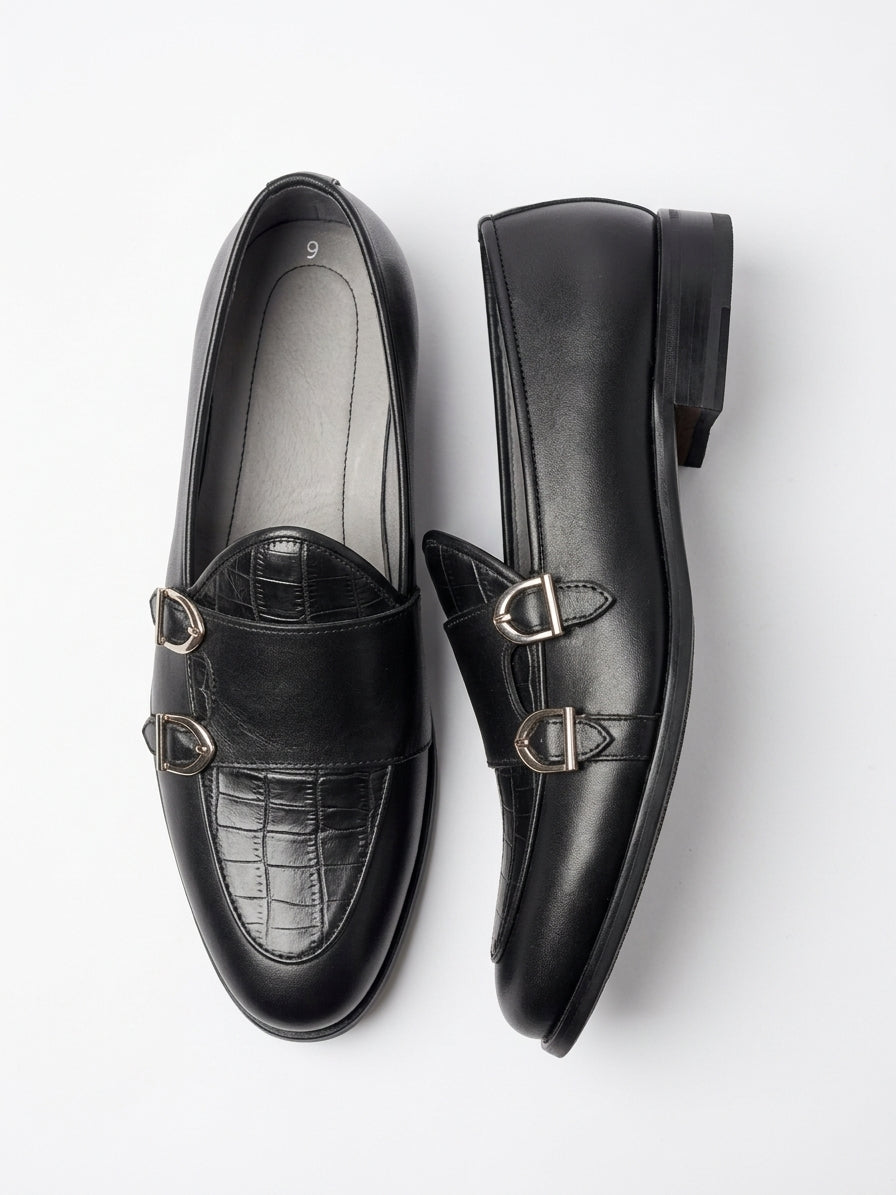 Handcrafted Black Leather Croc-Embossed Double Buckle Loafers