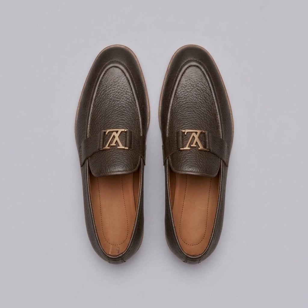 Handcrafted Dark Brown Pebble Grain Leather Buckle Loafers