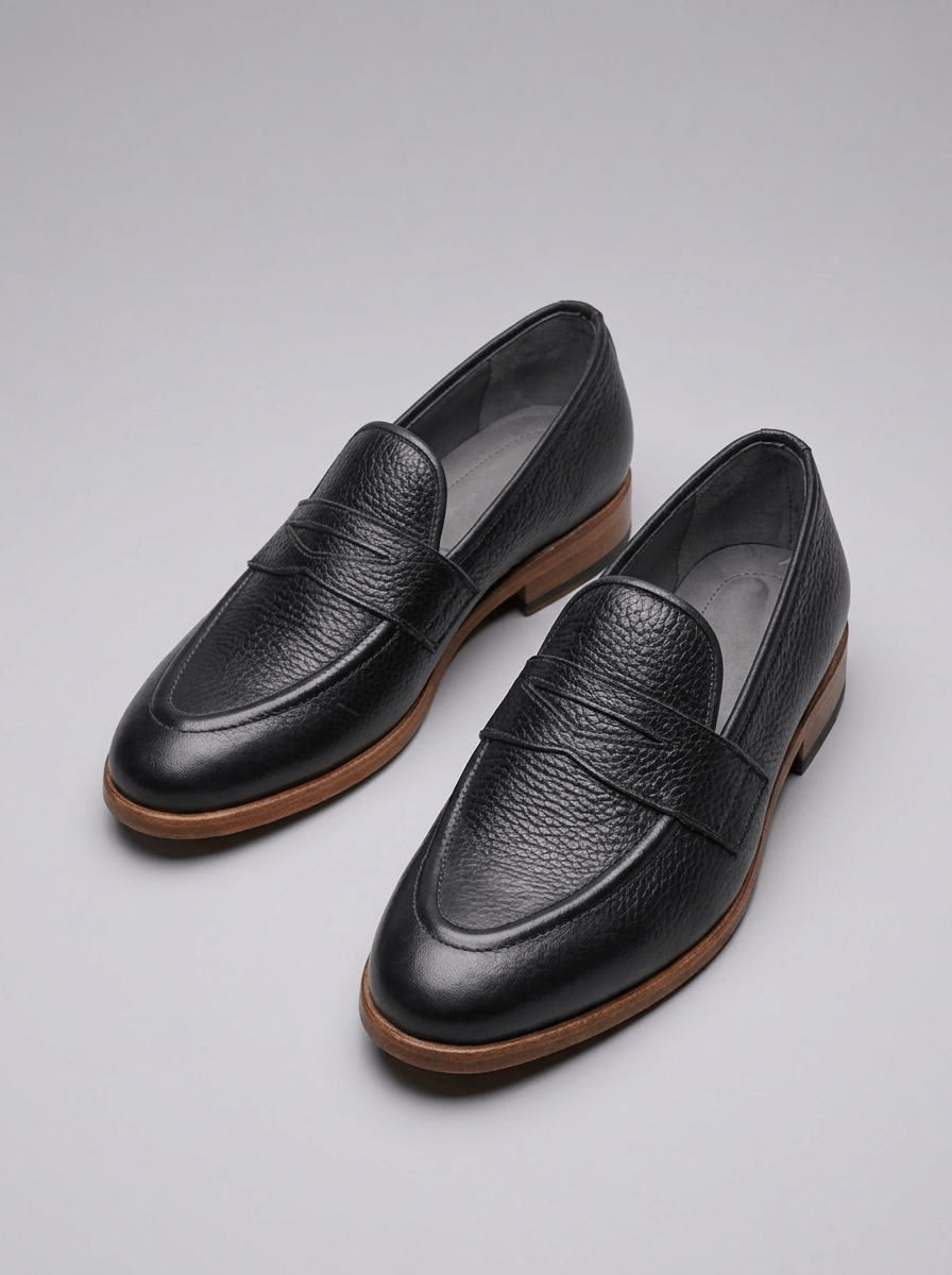 Handcrafted Black Pebble Grain Leather Penny Loafers with Natural Sole