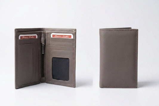 Men's Genuine Leather Vertical Long Bifold Wallet with Zipper Coin Pocket & ID Window